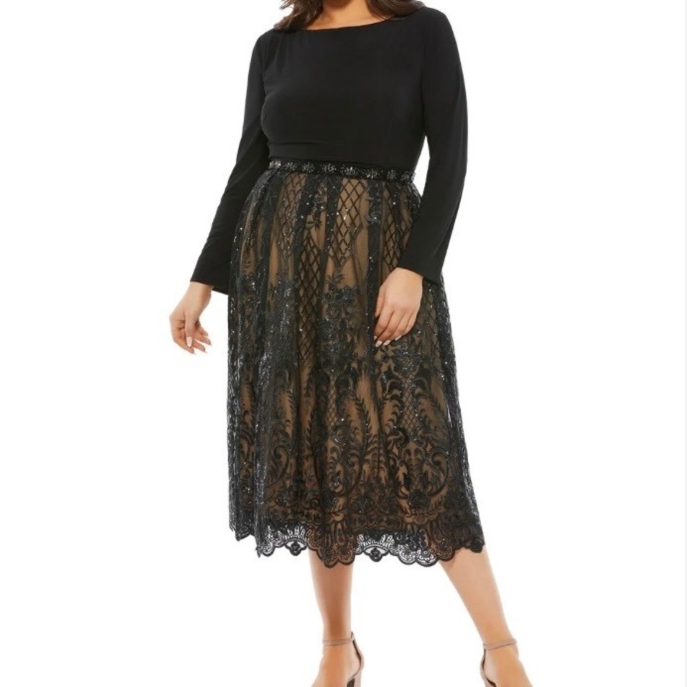 Mac Duggal 67905 Beaded Lace Skirt Long‎ Sleeve Knee-Length Dress Size 24W Black